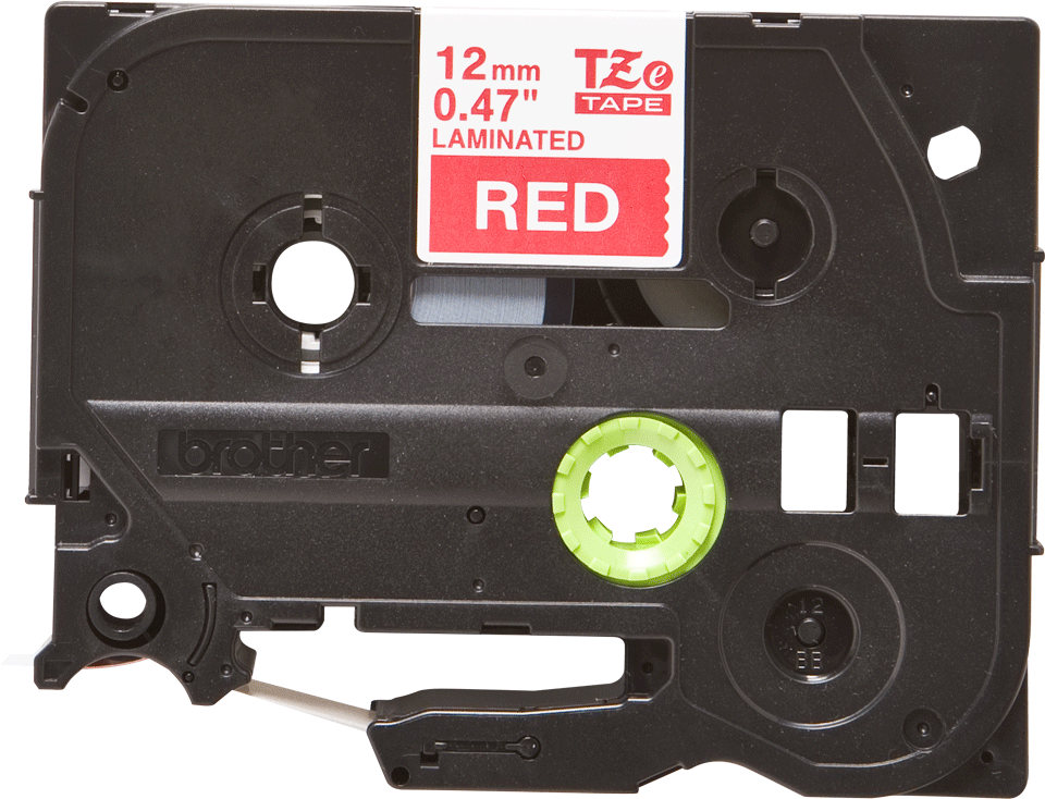 Oryginalna taśma TZe-435 firmy Brother – biały nadruk na czerwonym tle, 12mm szerokości 2